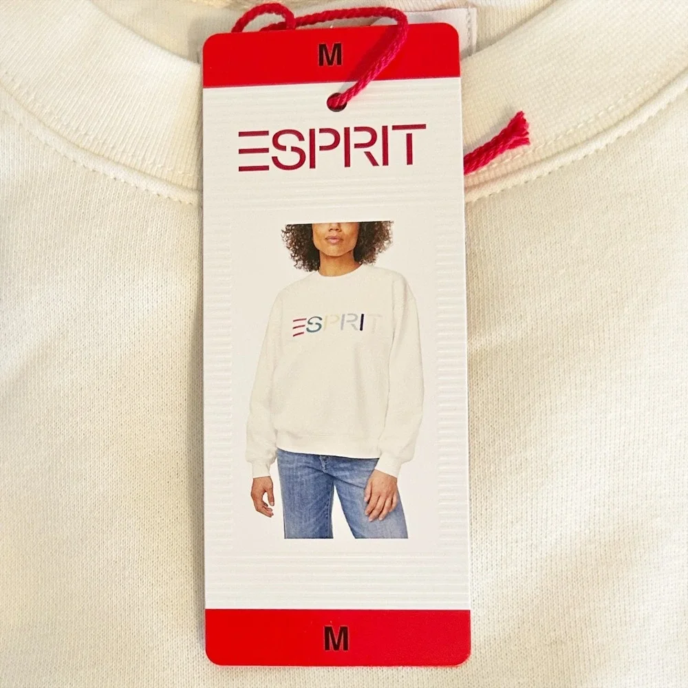 NWT Esprit Embroidered Logo Crewneck Sweatshirt M Cream Retro Viral 80s Costco - Picture 6 of 8
